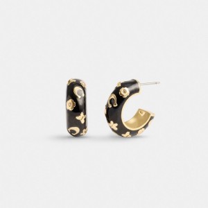 Gold / Black Coach Enamel Signature Floral Huggie Women Earrings | PH_CH34789