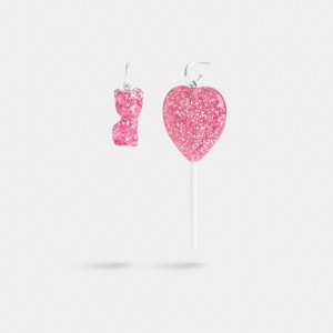 Silver / Pink Coach The Lil Nas X Drop Cat And Heart Lollipop Mismatch Women Earrings | PH_CH67001