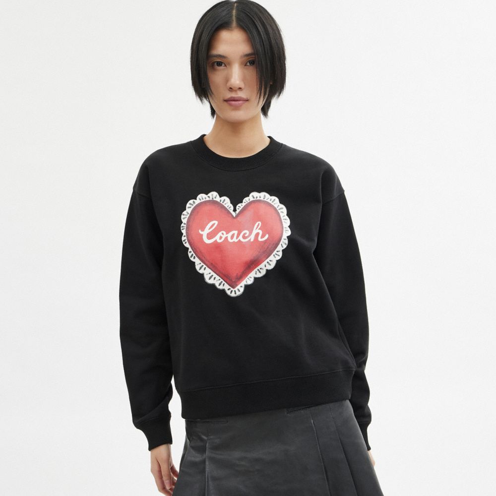 Black Coach Heart Crewneck Women Sweaters | PH_CH59506