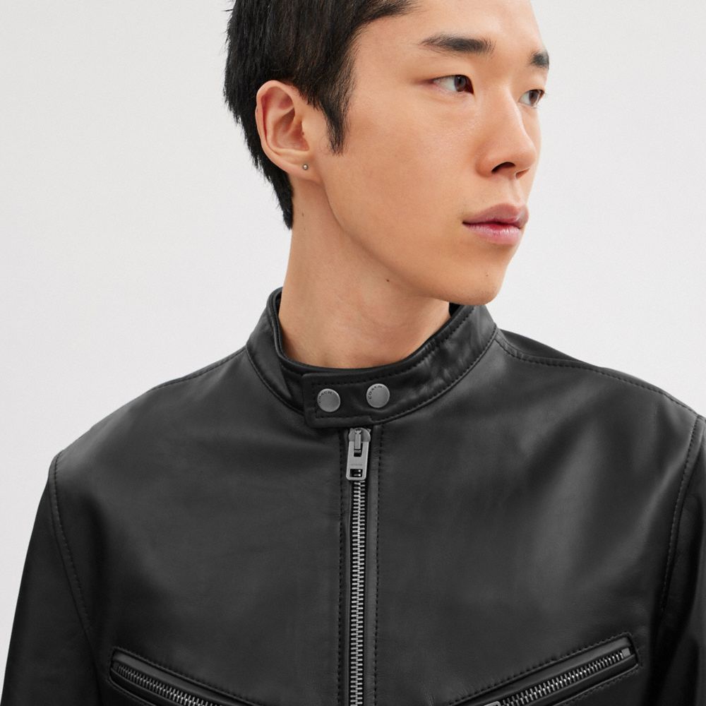 Black Coach Leather Racer Men Jackets | PH_CH35499