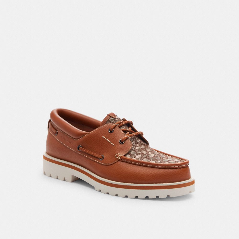 Brown Coach Benson Boat Shoe In Signature Jacquard Burnished Amber Men Boat Shoes | PH_CH64816