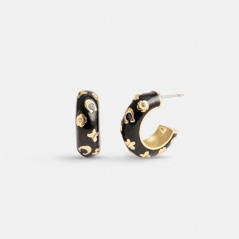 Gold / Black Coach Enamel Signature Floral Huggie Women Earrings | PH_CH34789