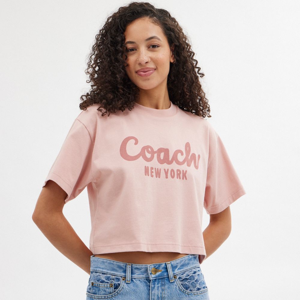 Pink Coach Cursive Signature Cropped Women T Shirts | PH_CH51547