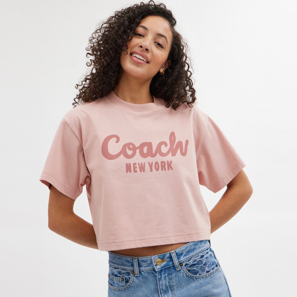 Pink Coach Cursive Signature Cropped Women T Shirts | PH_CH51547